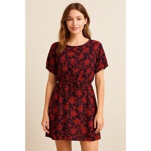 Lands’ End Purple Red Floral Cinch Waist Dolman Sleeve Modal Mini Dress Size M-L